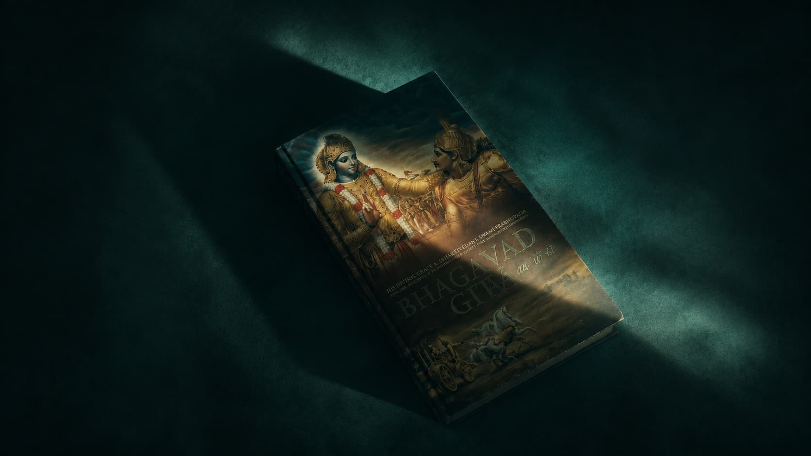 Bhagavad Gita resting in a shaft of light